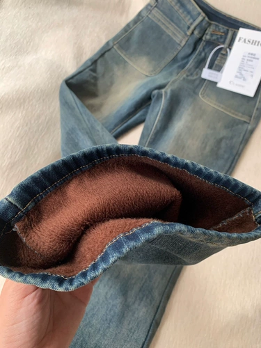 Утепленный мегафон, джинсы, приталенные дизайнерские штаны, высокая талия, тренд сезона, подходит для подростков