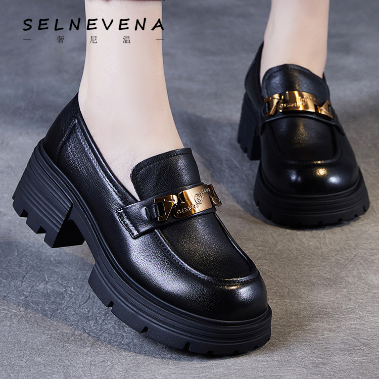 Selnevena British Style Loafers for Women, New Genuine Leather Thick-Soled Shoes, Soft-Soled Women's Small Leather Shoes