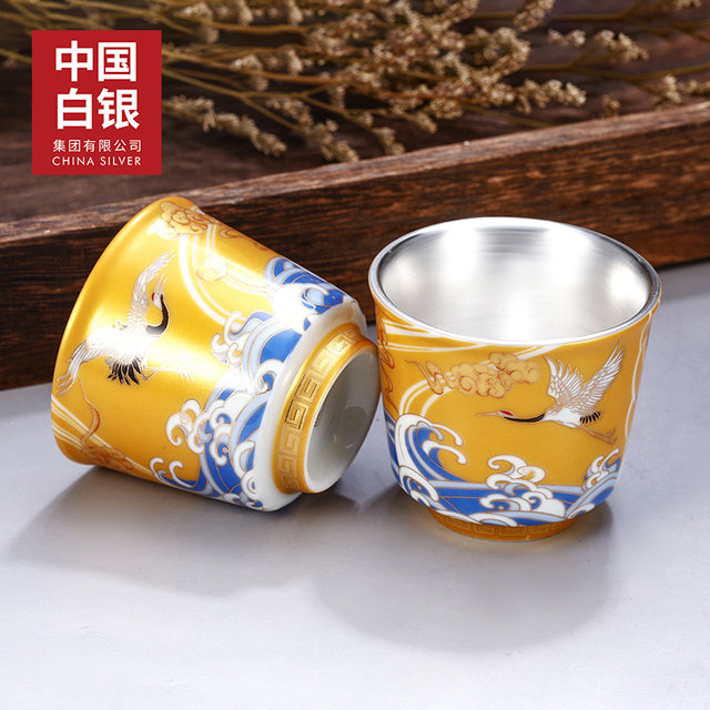 China Silver Extended Neck Crane King Gilt Silver Tea Cup Pure Silver 99 Sterling Silver Tea Cup Kung Fu Tea Single Cup Master Cup