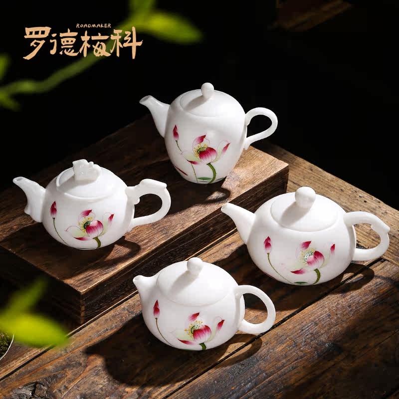 Master Rodemeiko hand-painted lotus suet jade teapot handmade single pot Dehua su-fired large and medium size Xishi pot