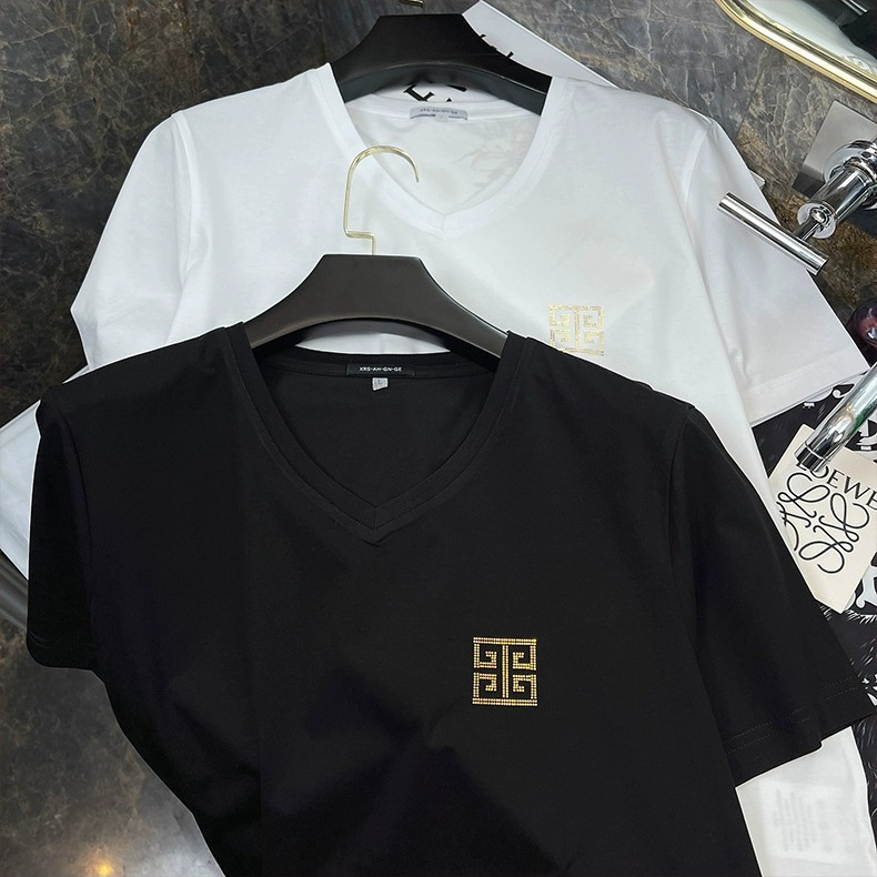 Suitable for Fendi Men's Clothing Collaboration Summer Short-Sleeve T-Shirt, Thin V-Neck Base Shirt for Young Men, Silk-Like Cotton Top Suitable for Fendi Men's Clothing Collaboration Summer Short-Sleeve T-Shirt, Thin V-Neck Base Shirt for Young Men, Silk-Like Cotton Top