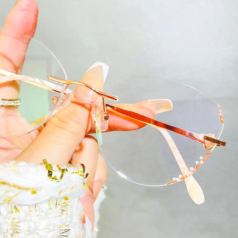 Rimless glasses myopia women can match degrees with degrees diamond trimming height borderless plain face ultra-light Korean version of the tide