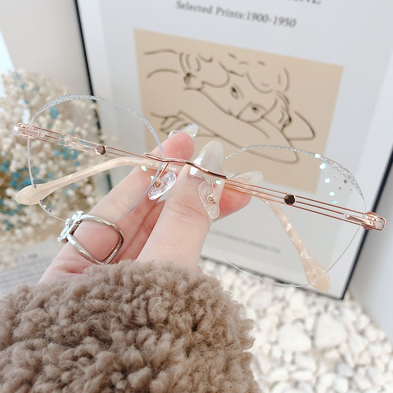 Glasses Myopia female can be equipped with degree large face Slim Vegan Color Net Red frame No frame diamond cut edge Korean version wave