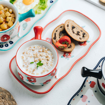 Creative ceramic one person food breakfast tableware set Japanese home steak plate childrens dinner plate single handle bowl New Products