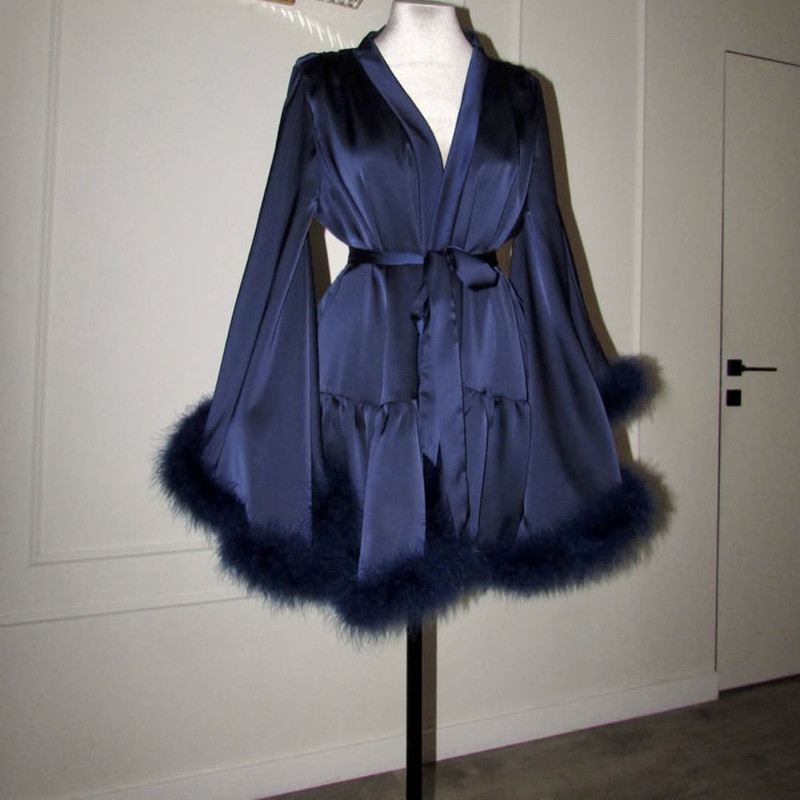 Huntergirl High-End Acetate Satin Nightgown for Women, Waist-Cinching Tie Short Nightrobe, Wedding Dressing Gown for Bride