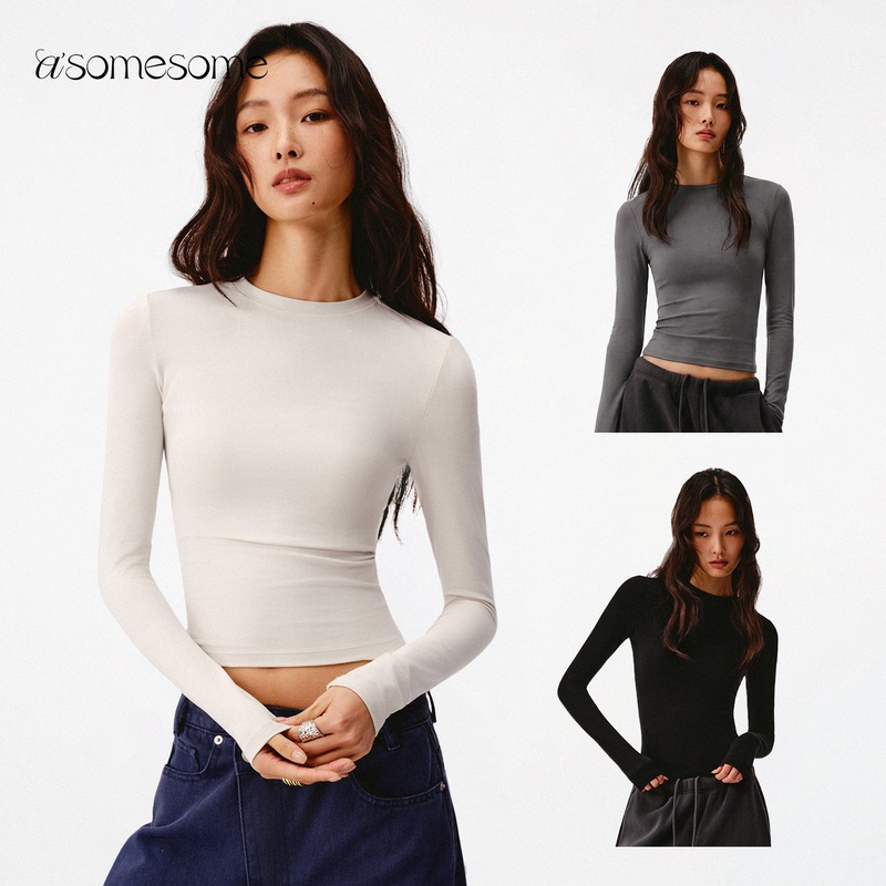 Asomesome Round Neck Tight-Fitting Elastic Long-Sleeved White Bottoming Shirt for Women in Spring & Fall Slimming Look Inner Top Slim T-Shirt Asomesome Round Neck Tight-Fitting Elastic Long-Sleeved White Bottoming Shirt for Women in Spring & Fall Slimming Look Inner Top Slim T-Shirt