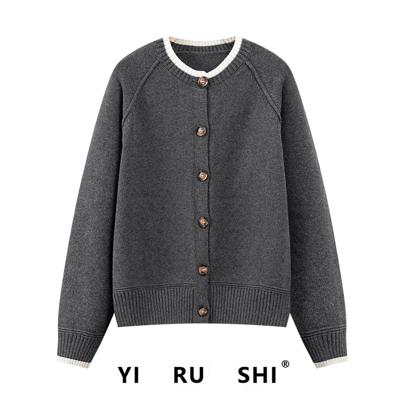 100% Pure Cotton, Non-Pilling, Heavy-Duty Charcoal Gray Knit Cardigan for Women, Versatile and Loose-Fitting, Made of Ribbed Cotton Yarn, Suitable for Autumn and Winter
