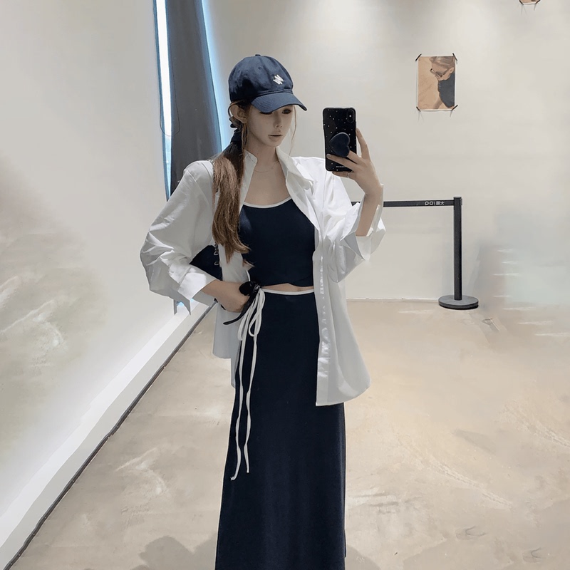 Camisole High-Waisted Skirt Set for Women, Summer Sun-Protective Shirt, Short Style with Beautiful Back Tie, Long Skirt Three-Piece Set Camisole High-Waisted Skirt Set for Women, Summer Sun-Protective Shirt, Short Style with Beautiful Back Tie, Long Skirt Three-Piece Set