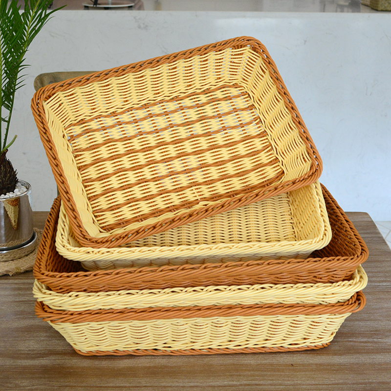 Rectangular Imitation Vine Woven Basket Snacks Plastic Containing Basket Fruit Vegetable Braiding Tray Living Room Home Creativity