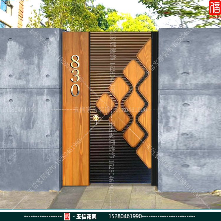 Villa gate wood grain stainless steel courtyard door outdoor rural rural home double door community door garden gate courtyard