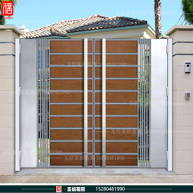 Customized stainless steel with solid wood courtyard door fence guardrail gate double door courtyard door anti-rust high-grade door