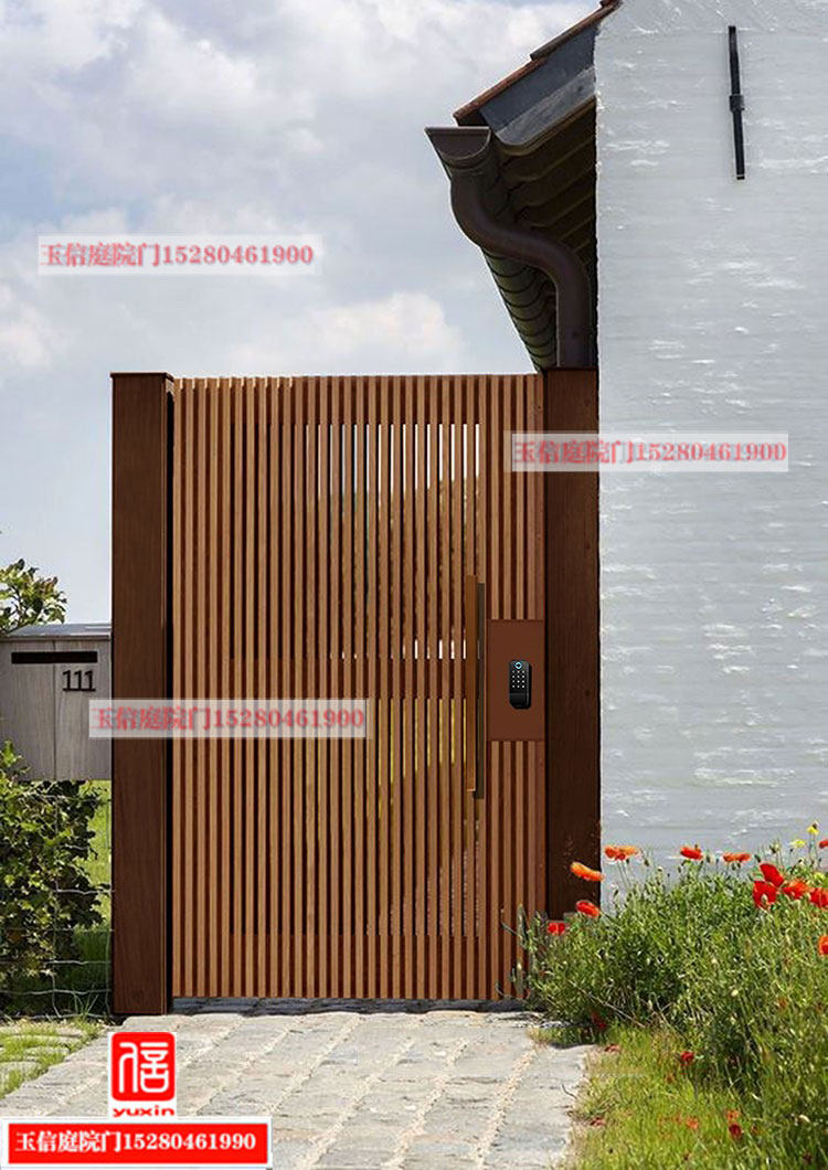 Aluminum alloy wood grain pipe courtyard gate simple garden door villa gate Japanese Korean style courtyard door community door custom made