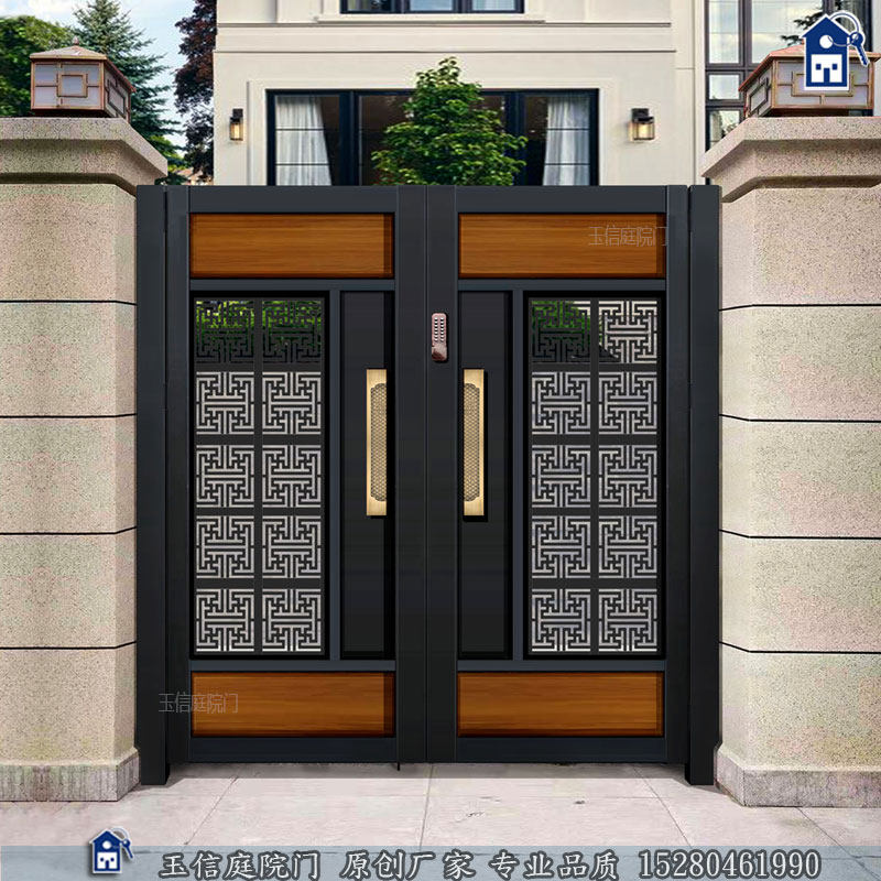 Villa gate new Chinese-style wood grain aluminum alloy courtyard door hollow garden door outdoor courtyard door rural self-built house