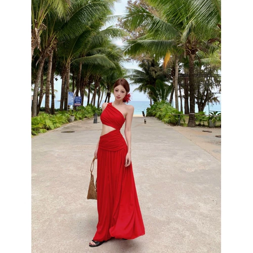 Красная летняя длинная юбка без рукавов, А-силуэт