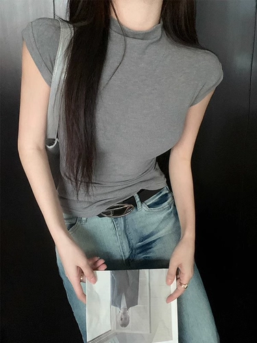 Цветная летняя футболка, базовый приятный телу корсет без рукавов, высокий воротник, в обтяжку