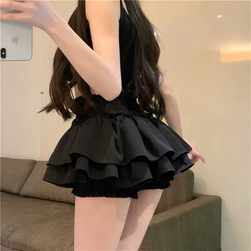 Черная летняя приталенная юбка, шорты, высокая талия, А-силуэт