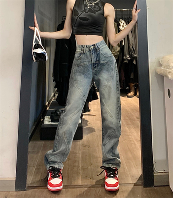 taobao agent Jeans, autumn sexy trousers, loose straight fit, high waist, fitted