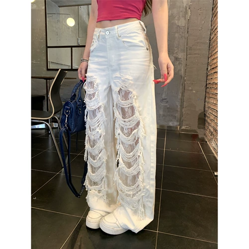 Кружевные джинсы, дизайнерские белые штаны, тренд сезона, высокая талия, свободный прямой крой