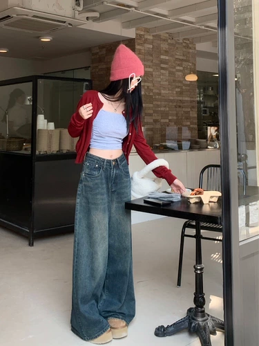 Синие ретро джинсы, штаны, высокая талия, свободный прямой крой