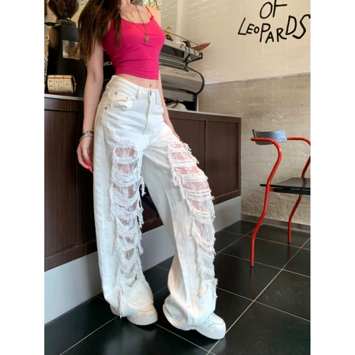 Кружевные джинсы, дизайнерские белые штаны, тренд сезона, высокая талия, свободный прямой крой