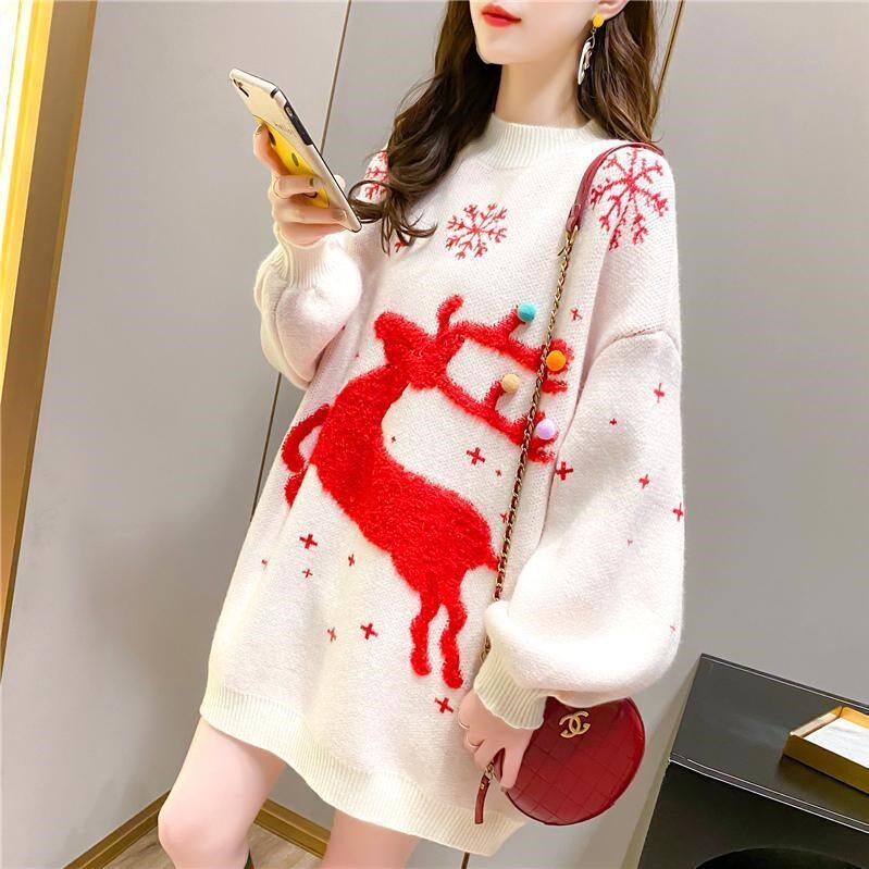 Christmas sweater 2021 fall and winter new cute elk loose lazy windwear sweater wears medium long edition