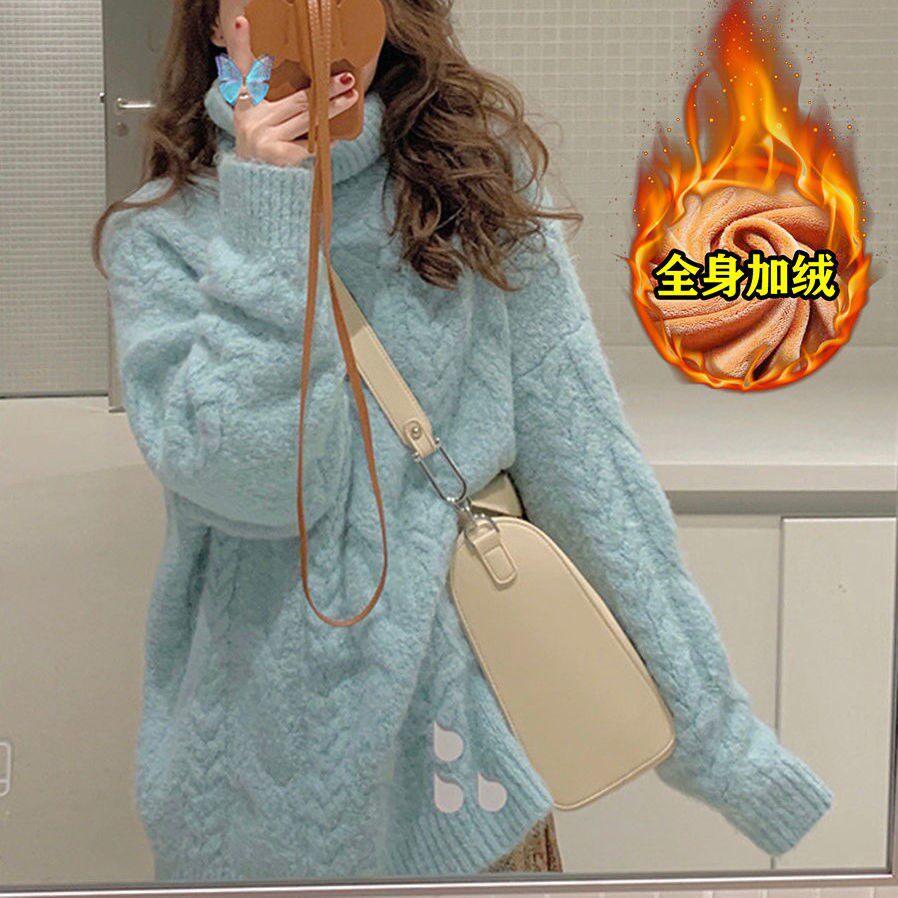 Soft glutinous sweater autumn and winter wear new high-neck gentle girl pink style plus velvet thick lazy wind loose top