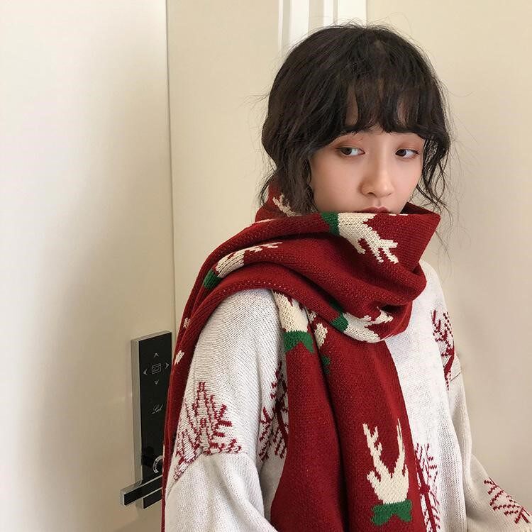 Christmas scarf female Japanese knitted wool cool girl autumn and winter warm Korean version long version all-match scarf fashion female trend