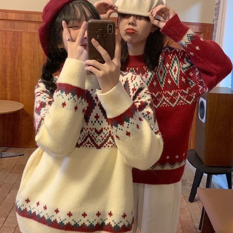 Christmas series sweater, girlfriends and female duo autumn and winter plus cashmere simple red atmospheric long-sleeved girl knitted sweater set