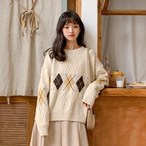 Sweater Women Winter Thickened Warm Retro Port Taste Needle Weaselwear girls Jane about Lazy Round Collar Loose outside wearing cover