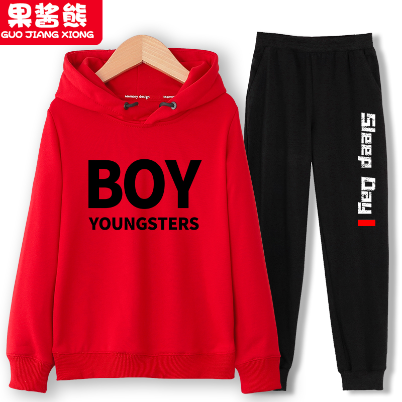 Boys' spring and autumn suits, pure cotton boys, Western style handsome sweatpants, thick cotton T children's suits, hooded, big boy trendy personality