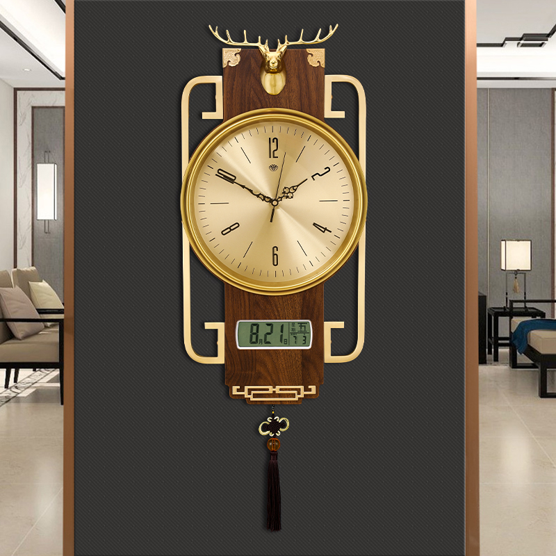 New Chinese calendar Pure copper wall clock Living room wall clock Household solid wood light luxury clock creative Chinese style quartz clock
