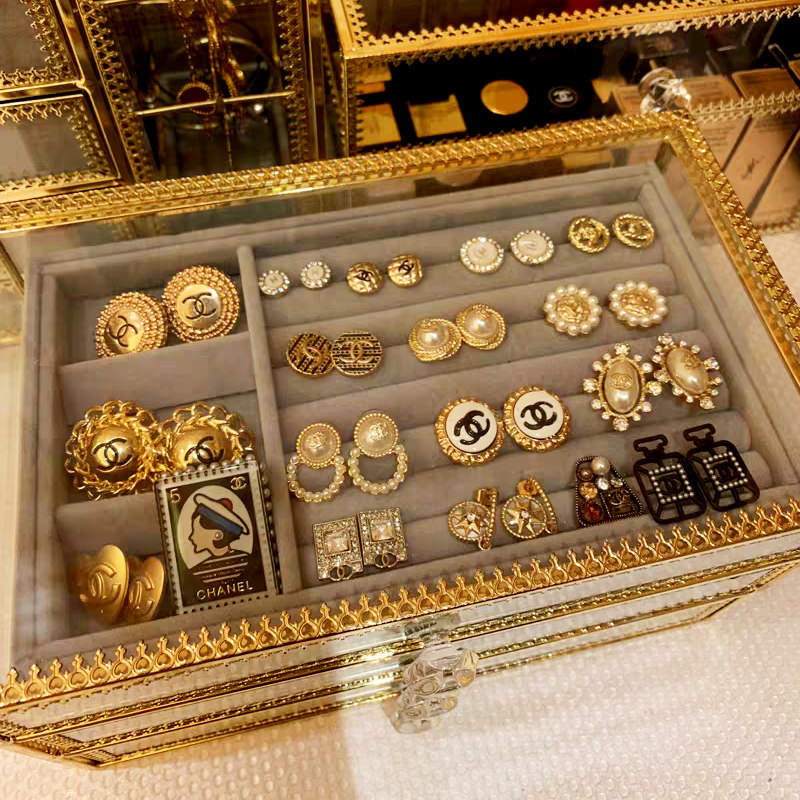 Earrings Earrings Necklace storage box Glass jewelry box Large capacity simple ear jewelry earrings finishing box Household