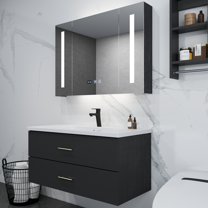 Light luxury solid wood bathroom cabinet combination smart mirror modern minimalist powder room washbasin washbasin cabinet combination - Taobao