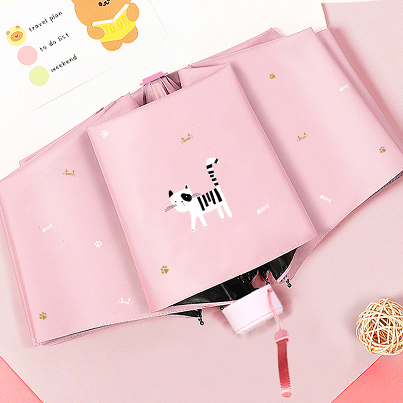 Red leaf line down the same section-Landlord's cat clear Umbrella sunscreen Anti-UV dual-use sunshade Folding Black Rubber Female