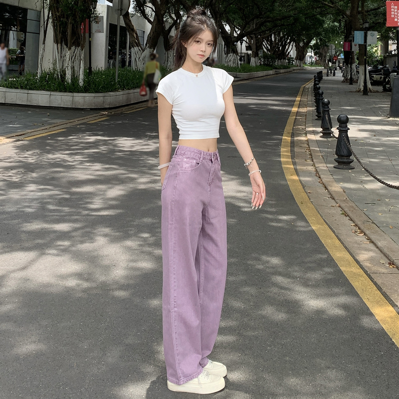Small Almond Purple Narrow Wide-Leg Jeans for Women, Straight-Leg, Spring and Autumn, Lavender Haze Purple, High-Waisted Casual Pants