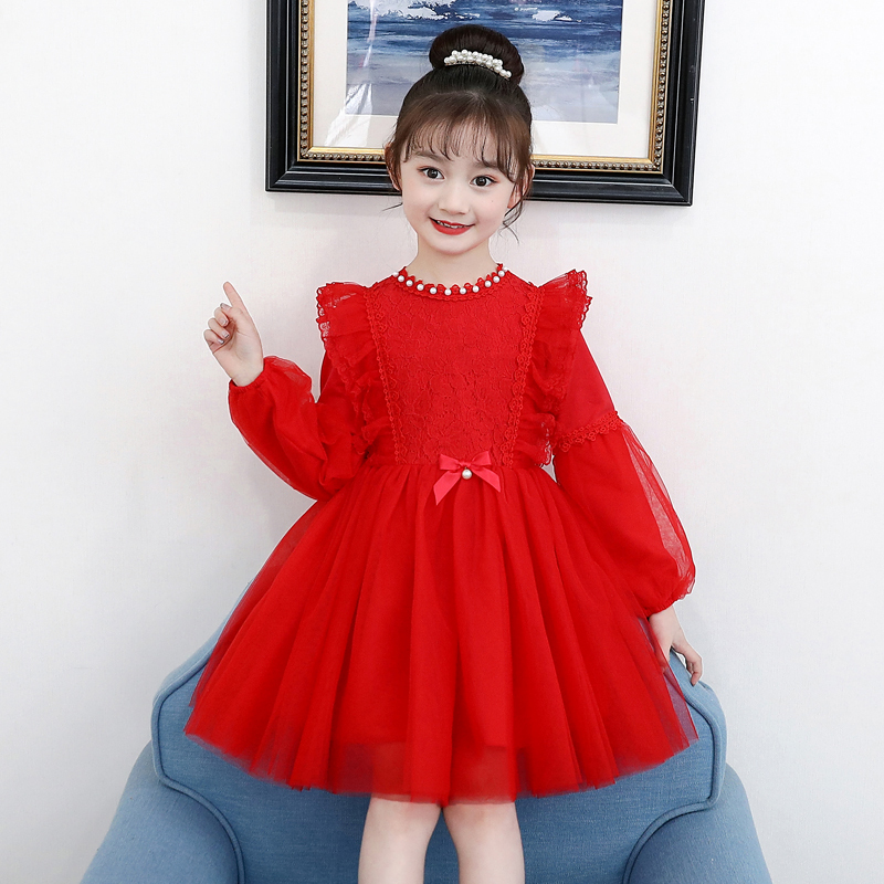 Spring and Autumn Girls' Dresses 2026 New Fashionable Princess Dresses Autumn and Winter White Performance Dresses Red Dresses