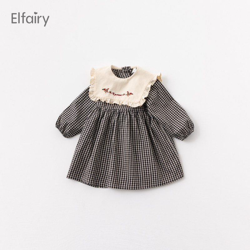 Elfairy girls French dress princess plaid doll skirt baby autumn skirt baby skirt western style cotton