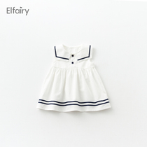 Elfaairy Little Fresh Girl Navy Dress Vest Skirt Summer Thin baby hanging band dress baby Lions dress cotton