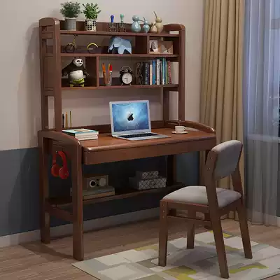 All solid wood desk with bookshelf integrated desk for primary and secondary school students writing learning desk can be lifted home office desk