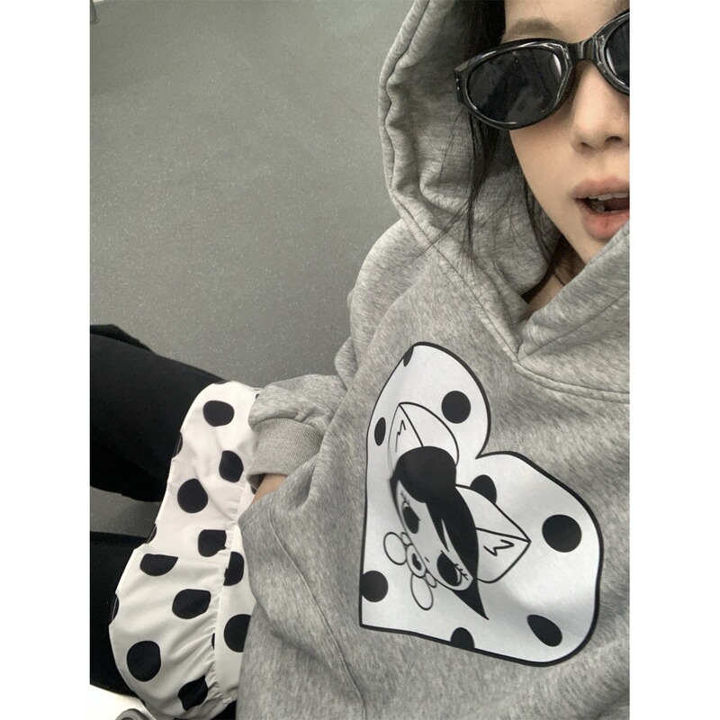 Black Cheese Black~ American-Style Lazy, Loose, Cute Gray Cartoon Hooded Sweatshirt + Polka Dot Butt Curtain