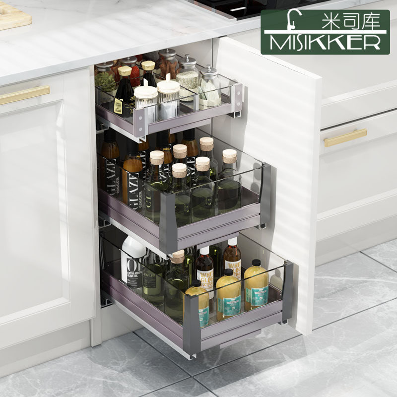 Miescu seasoning pull basket kitchen cabinet split three-layer drawer tool basket kitchen cabinet rack storage rack storage flat basket