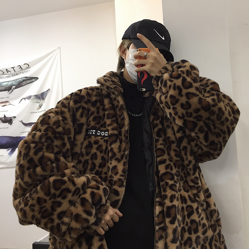 Leopard Print Faux Mink Couple's Jacket, New Spring Style, Men's Stand-Up Collar Cotton Coat, Trendy Brand Loose Jacket, Women's Thickened Cotton Clothing