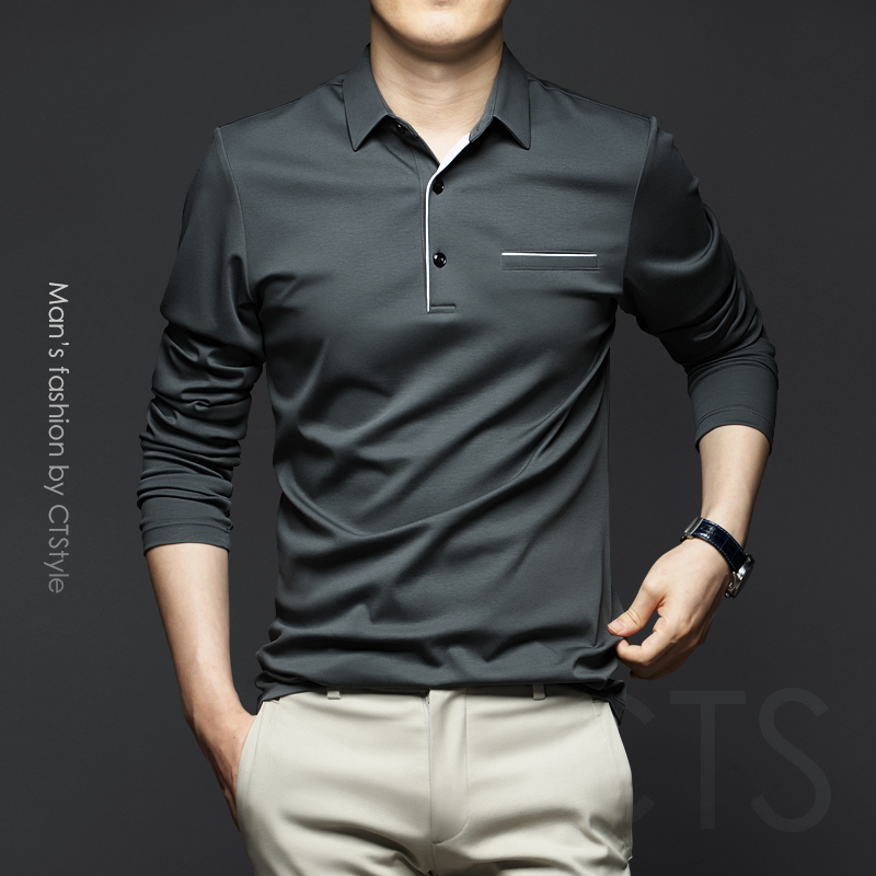 autumn men's lapel long sleeve t-shirt mercerized cotton pure cotton ice silk polo shirt business casual men's 2020 new