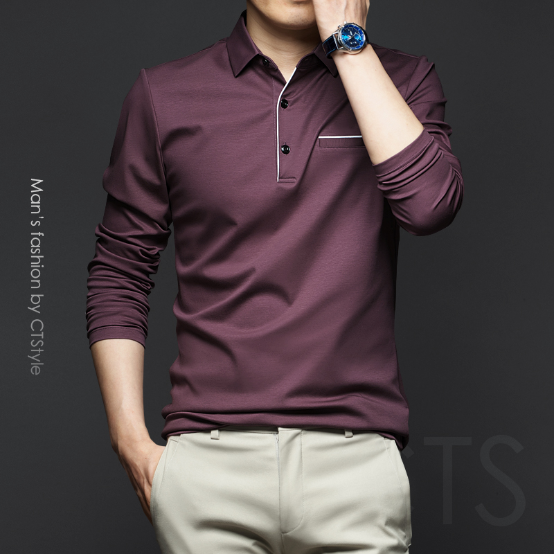 autumn men's lapel long sleeve t-shirt mercerized cotton pure cotton ice silk polo shirt business casual men's 2020 new