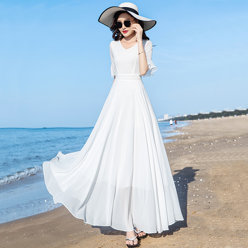 White Dress for Women, Summer 2025 New Style, High-End Chiffon Beach Dress, Elegant Ankle-Length Plus Size Maxi Dress
