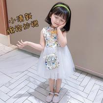 South Korean girls qipao dress 2021 Summer female baby China Wind Liandress Childrens thin Handmaids dress The childrens yarn dress