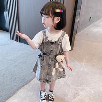 South Korea Girl Braces Skirt Suit 2021 Summer Womens Baby Pocket Small Bear Korean Version Foreign Air Trendy Kids Summer Dress