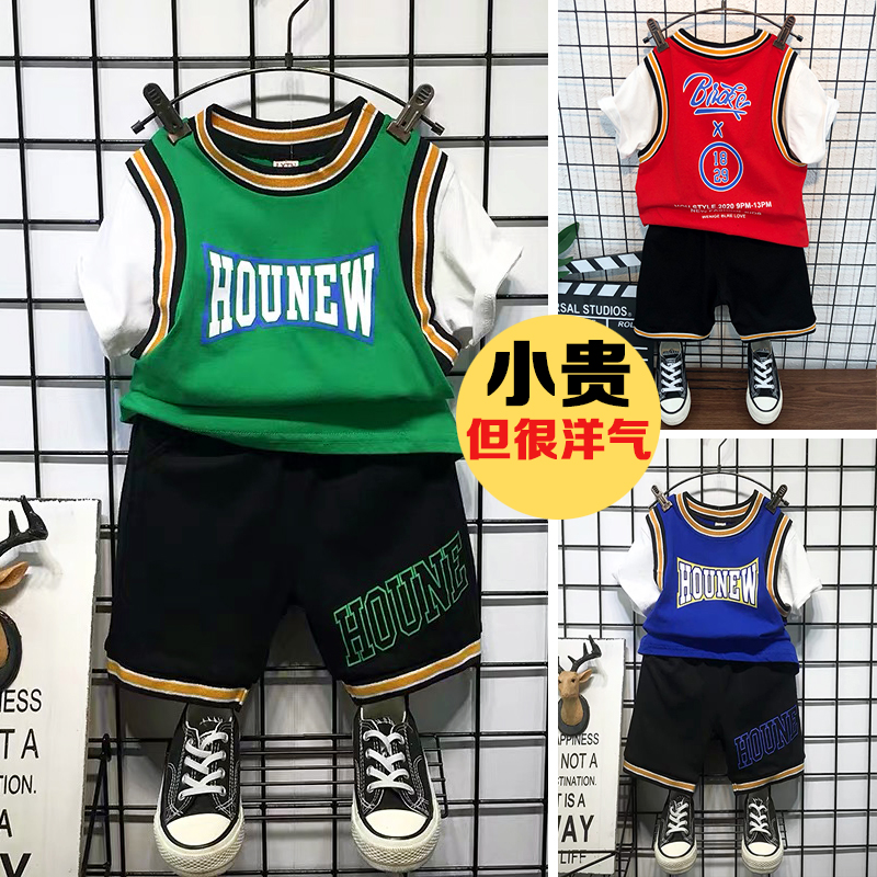 Korean boys summer suits Western style children's basketball clothes 2021 baby short-sleeved handsome sports children's clothing children