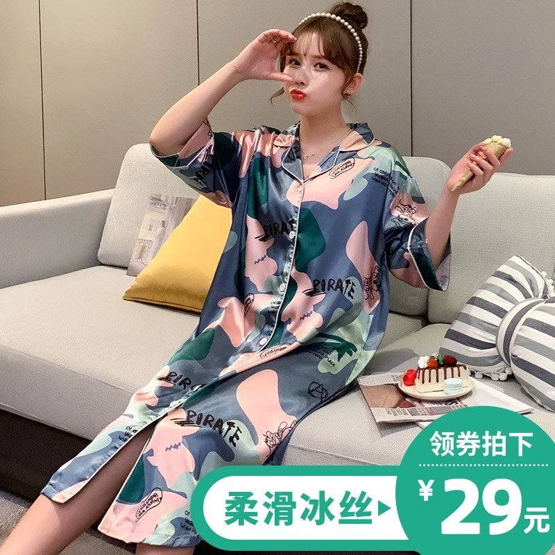 Đồ ngủ nữ mùa hè mỏng băng lụa ngắn tay phong cách hàn quốc dễ thương cô gái sinh viên ở nhà dịch vụ tại nhà mùa hè cộng với size váy ngủ dài - Đêm đầm