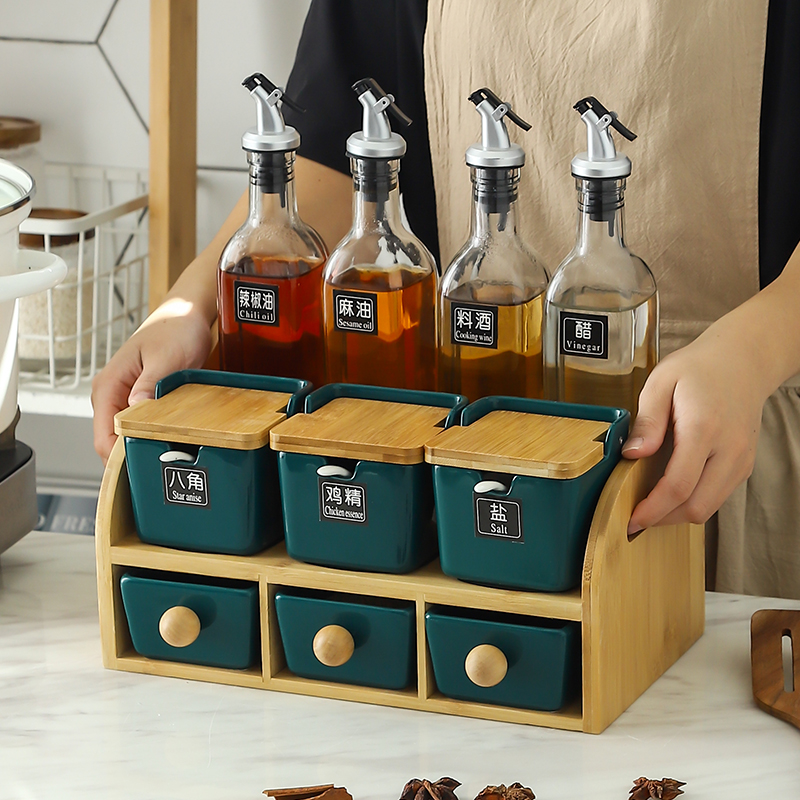 Hanging ceramic condiment boxed set creative household sugar salt monosodium glutamate kitchen glass flavor pot seasoning box